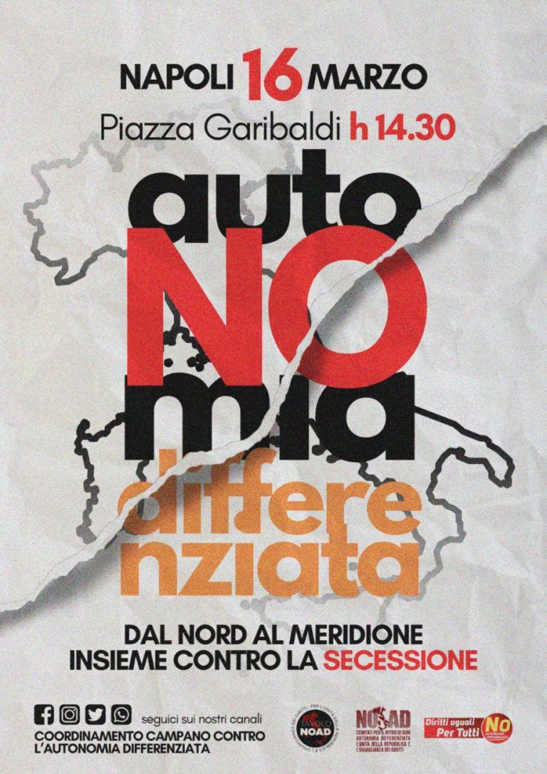 Autonomia differenziata, Tavolo e Comitati No Ad annunciano una manifestazione nazionale a Napoli il 16 marzo Autonomia differenziata, Tavolo e Comitati No Ad annunciano una manifestazione nazionale a Napoli il 16 marzo