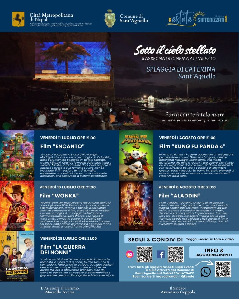 Cinema all’aperto a Sant’Agnello 2025: film gratis sulla spiaggia ogni venerdì sera Cinema all’aperto a Sant’Agnello 2025: film gratis sulla spiaggia ogni venerdì sera