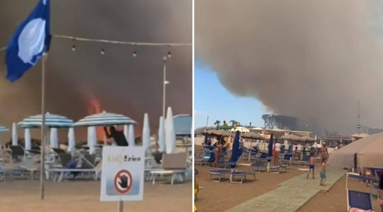 Incendio in pineta, fiamme lambiscono le spiagge di Baia Domizia: bagnanti in fuga